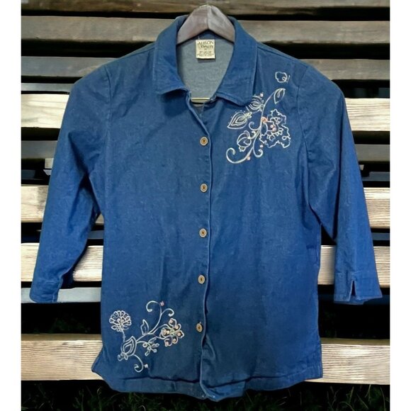 Alison Daley Womens Denim Shirt Size 14 Floral Embroidered Button Up 3/4 Sleeve - Picture 1 of 7